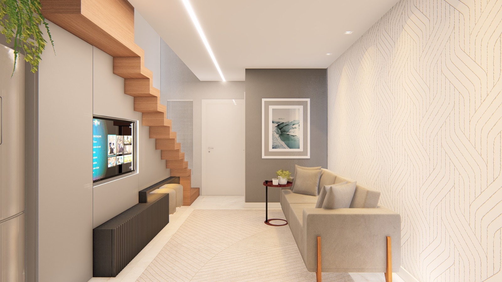 Sala de estar com escada central